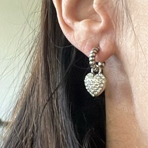 Sterling Silver pave stone heart charm hoop earrings